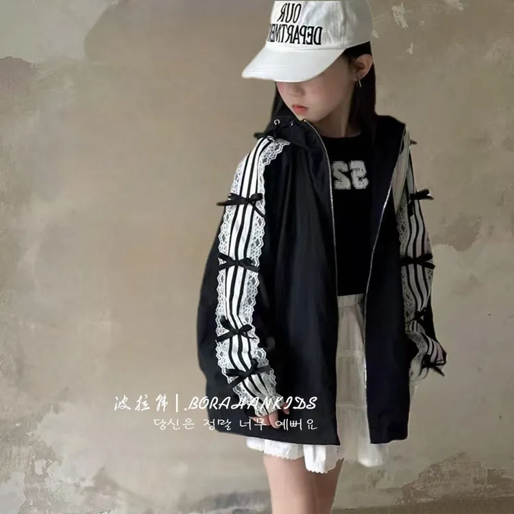 女童蝴蝶结外套儿童春装2025新款小女孩外套韩版连帽拉链夹克衫潮