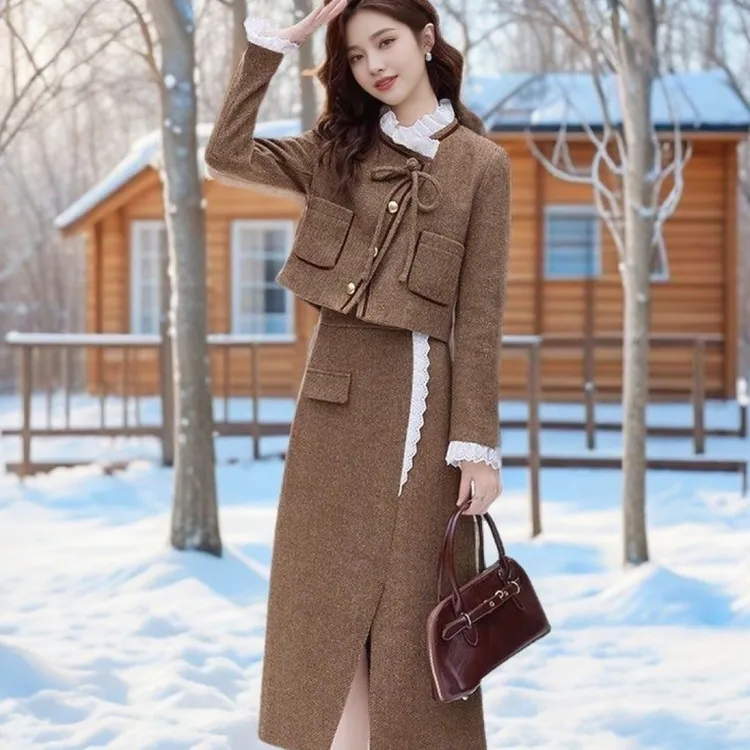 法式香风套装2025秋冬新款高级气质外套复古名媛上衣半身裙两件套