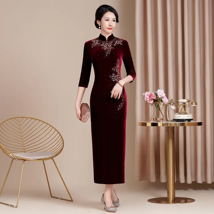 十月结婚妈妈礼服红色旗袍长款喜婆婆婚宴装婚礼喜服连衣裙金丝绒