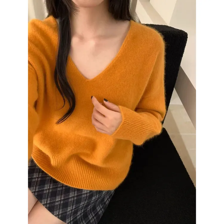  软fufu纯色V领针织衫女2025秋冬新款韩版慵懒风气质百搭显瘦毛衣