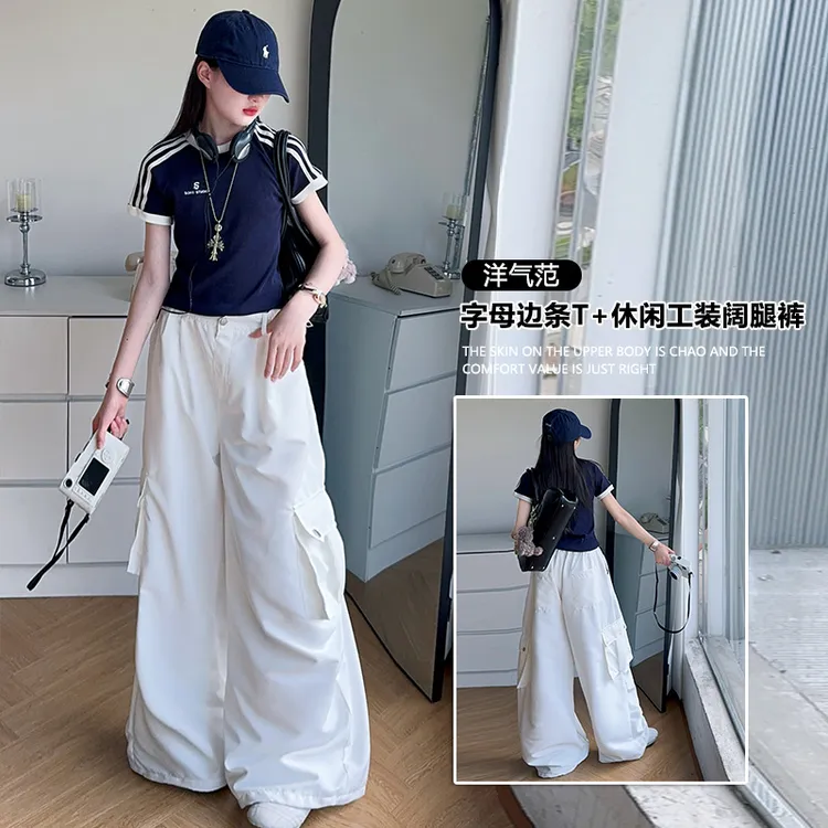 休闲工装裤套装2025新款洋气儿童条纹短袖t恤夏季宽松阔腿裤子潮