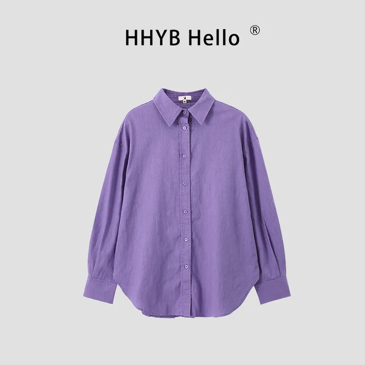 HHYB Hello2025新款韩版独特休闲薄款宽松亚麻棉衬衫上衣女H80009