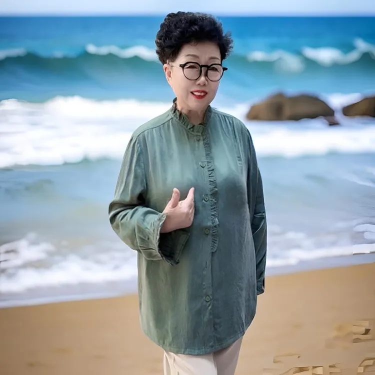 【贵丽坊】新品新款休闲木耳边重磅丝高端加大码衬衣衬衫长袖春夏