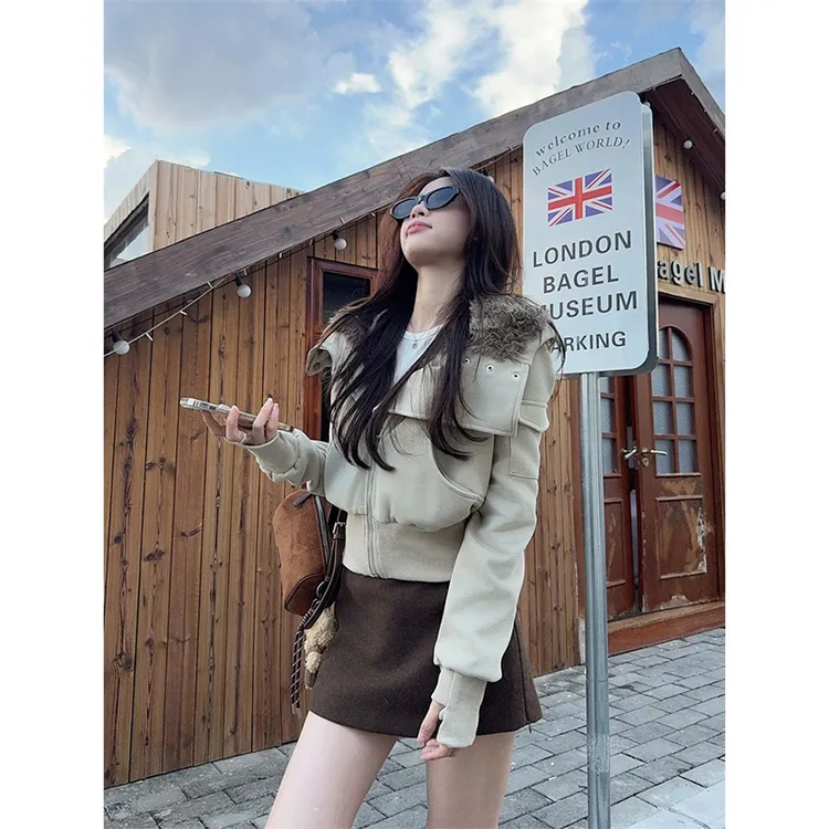 美式辣妹毛领卫衣连帽外套女秋冬高级设计感羊羔毛机车短款夹克潮