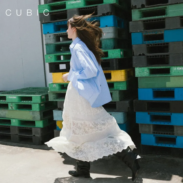CUBIC 优雅肌理感条纹印花蕾丝拼接镂空气质A字百搭半身裙