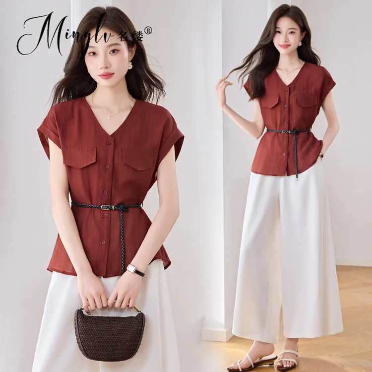 时尚高级感休闲套装女薄款2025夏新款收腰遮肚显瘦短袖衬衫阔腿裤