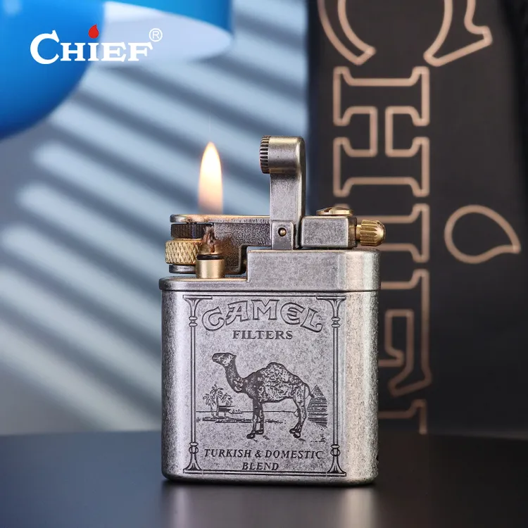 CHIEF古董风打火器纯铜半自动侧滑轮点火油机古银滚花高颜值