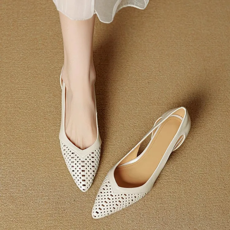 牛皮镂空尖头细跟凉鞋女2025夏新款真皮高跟鞋法式浅口单鞋洞洞鞋