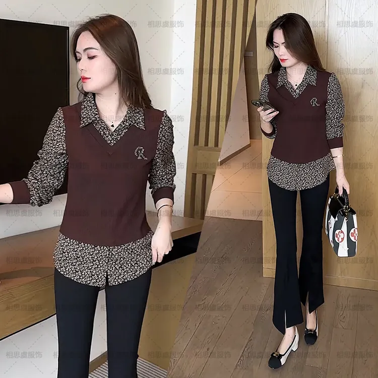 假两件衬衫女宽松秋季新减龄打底衬衣洋气质时尚上衣显瘦休闲大码