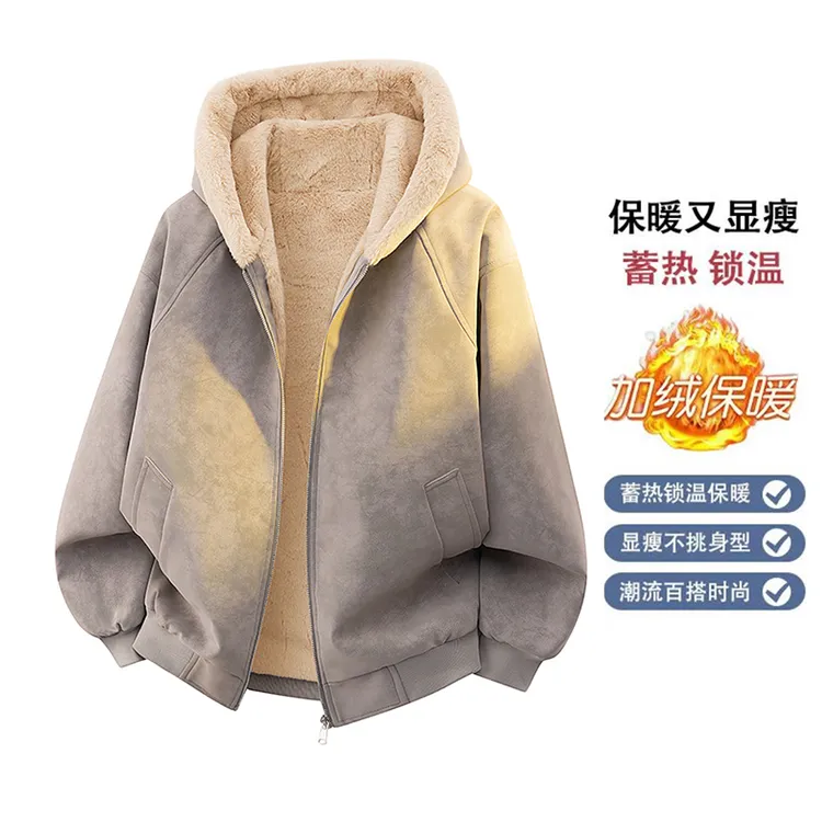 美式复古设计PU皮座山雕男女休闲复古加绒保暖连帽棉衣外套加厚