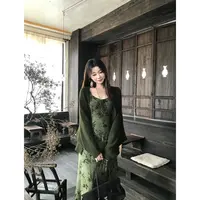 复古印花连衣裙法式收腰V领气质鱼尾裙+慵懒风毛针织衫女Q 9718#