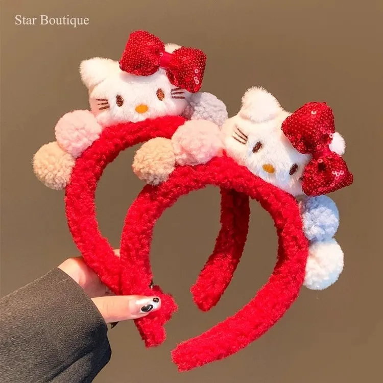 可爱红色蝴蝶结kitty毛绒发箍女秋冬洗脸敷面膜头箍圣诞新年头饰