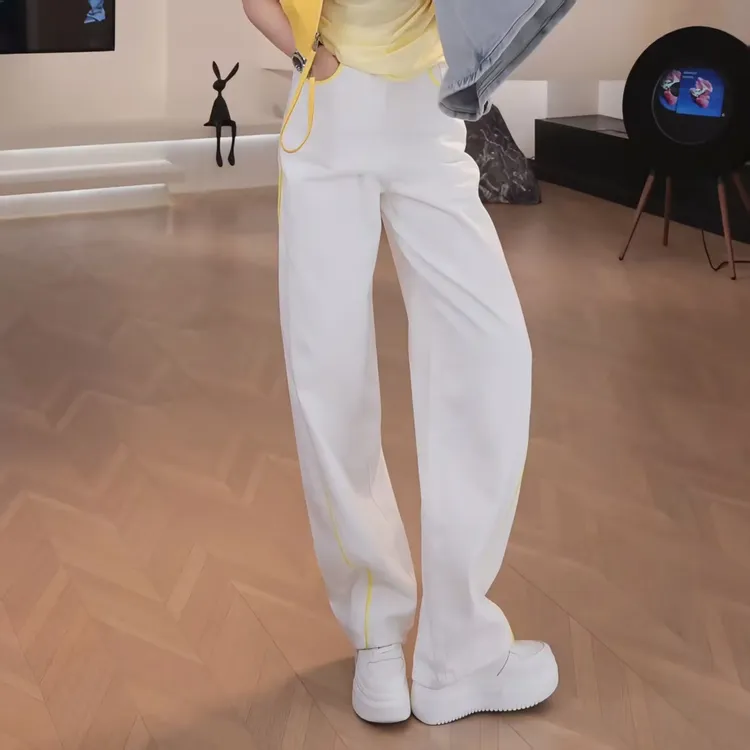 【辉煌白牛】春款高腰时尚百搭阔腿明线拼色牛仔裤LK2501329