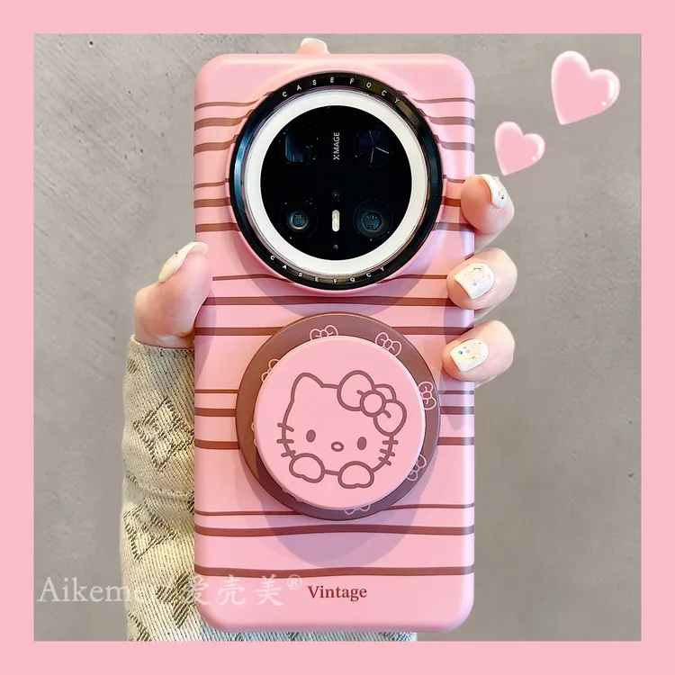 适用华为mate70pro+手机壳菲林粉色mate60pro+条纹kt猫磁吸支架女