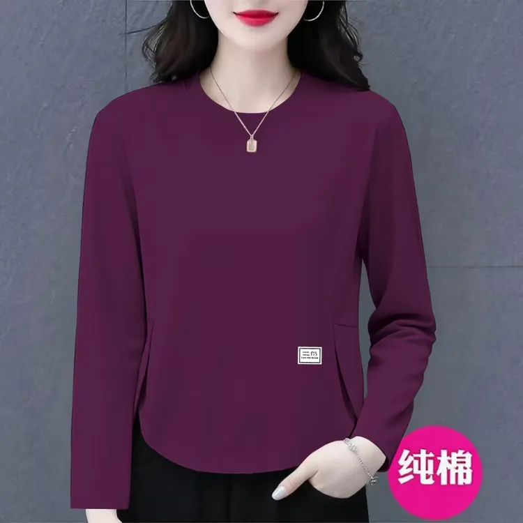 春秋新款洋气纯棉长袖t恤女大码显瘦时尚气质减龄百搭中年上衣潮