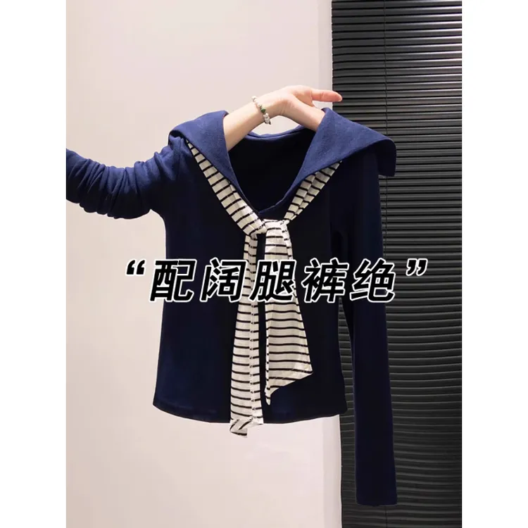 藏青色海军领长袖T恤女2025早秋穿搭条纹领带拼接V领打底衫上衣