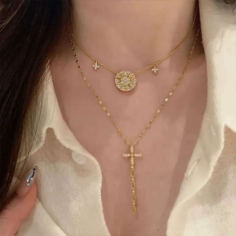 铜合金项链 轻奢锆石罗盘星芒项链小众设计感个性精致百搭锁骨链