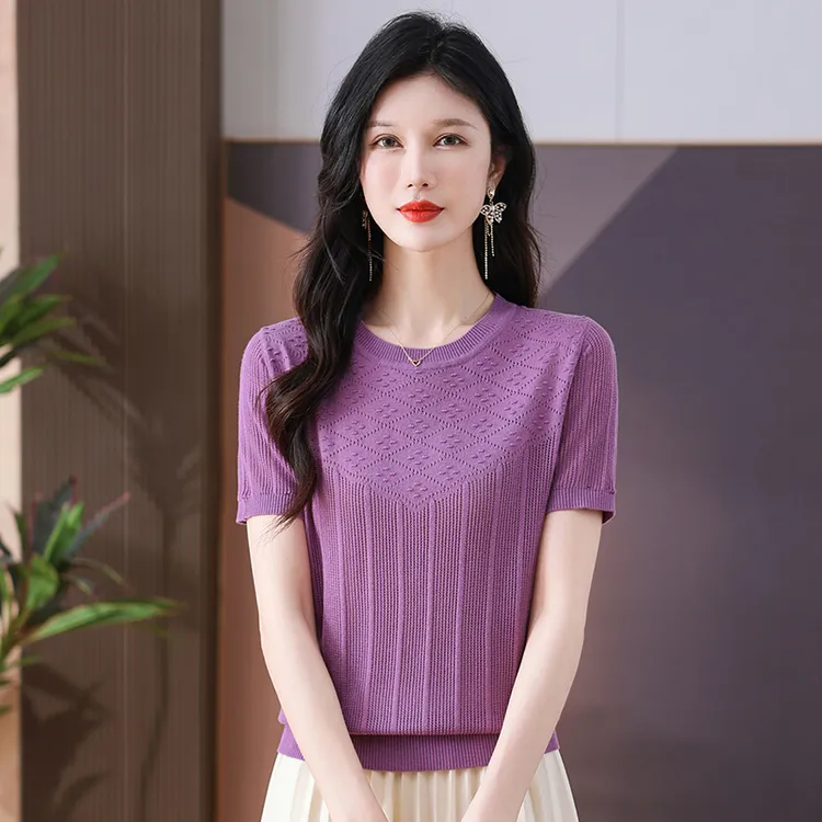 高级感夏季镂空天丝短袖女t恤高贵妈妈气质显瘦宽松薄款针织上衣