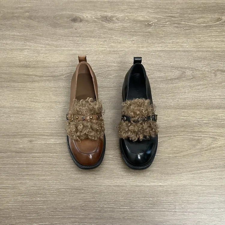 DannyFrey秋冬新款法式时尚英伦风女平底玛丽珍单鞋一脚蹬毛毛鞋