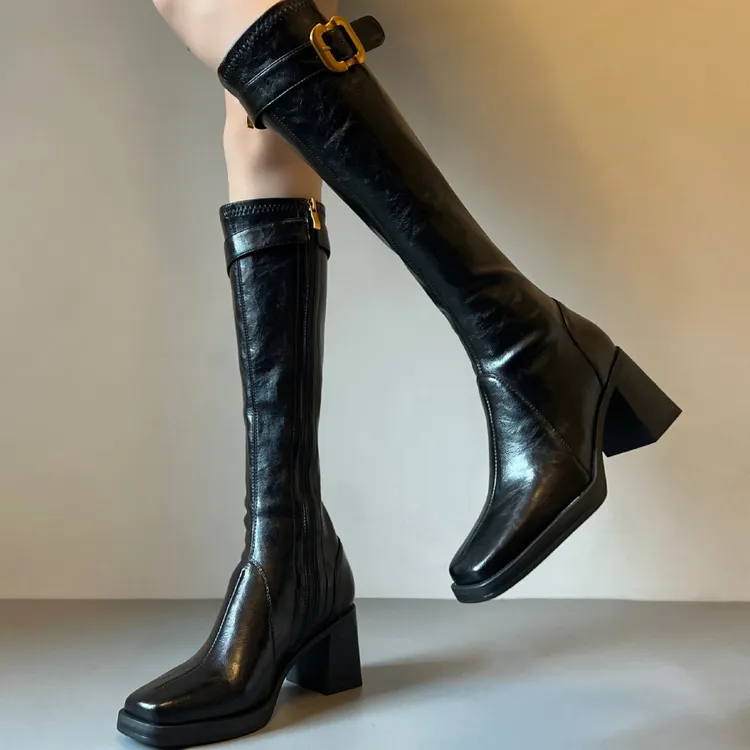 【专柜】爆款羊皮真皮版金属扣厚底长靴粗跟长筒靴瘦瘦靴骑士靴女