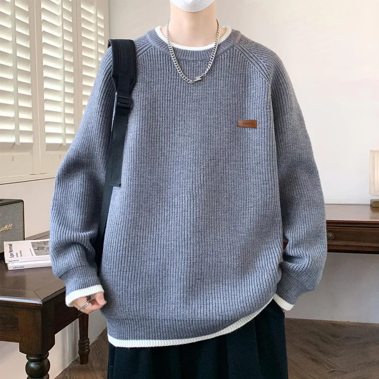 灰色毛衣男青少年秋冬款阔版针织打底衫初中高中学生加厚保暖线衣