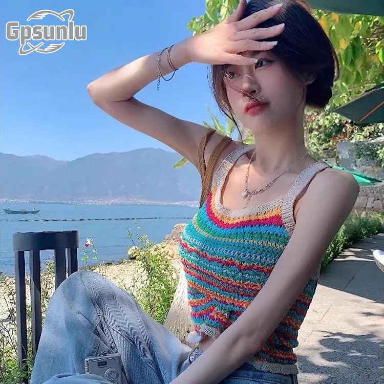gpsunlu彩色条纹针织吊带小背心女新款夏季内搭外穿美背打底上衣