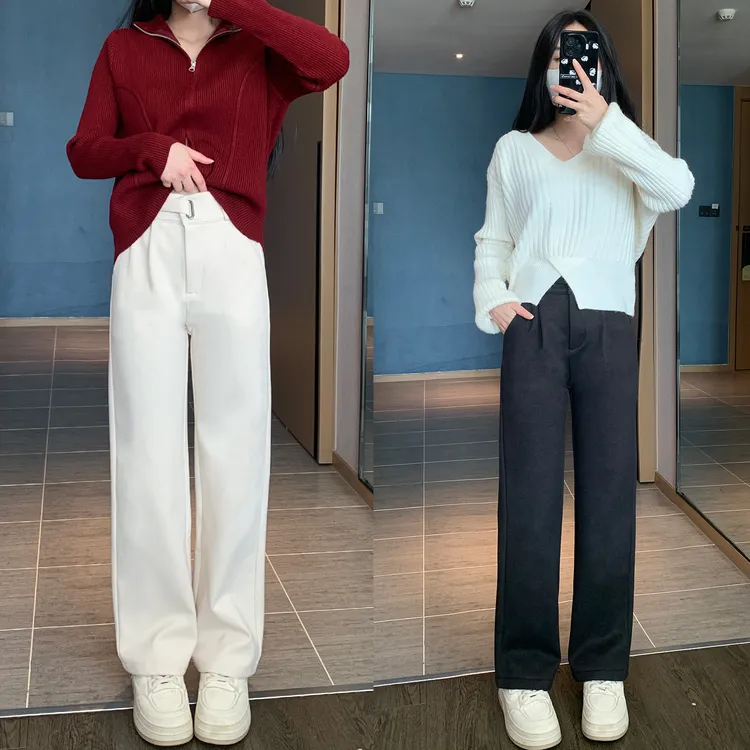 小个子高级灰色毛呢直筒裤女秋冬新款加绒显瘦窄版阔腿裤休闲百搭