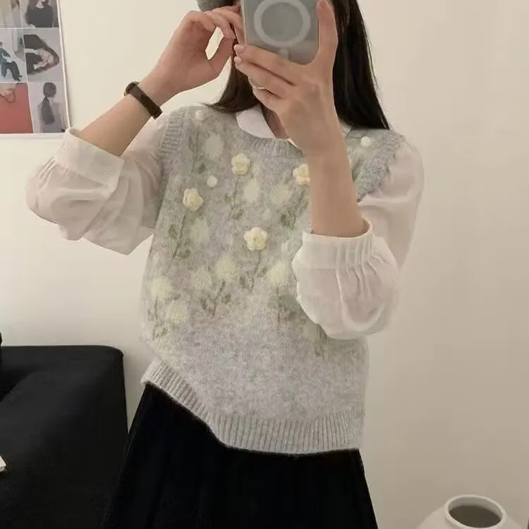 小香风温柔重工立体花朵针织背心马甲女早秋新款坎肩上衣叠穿毛衣