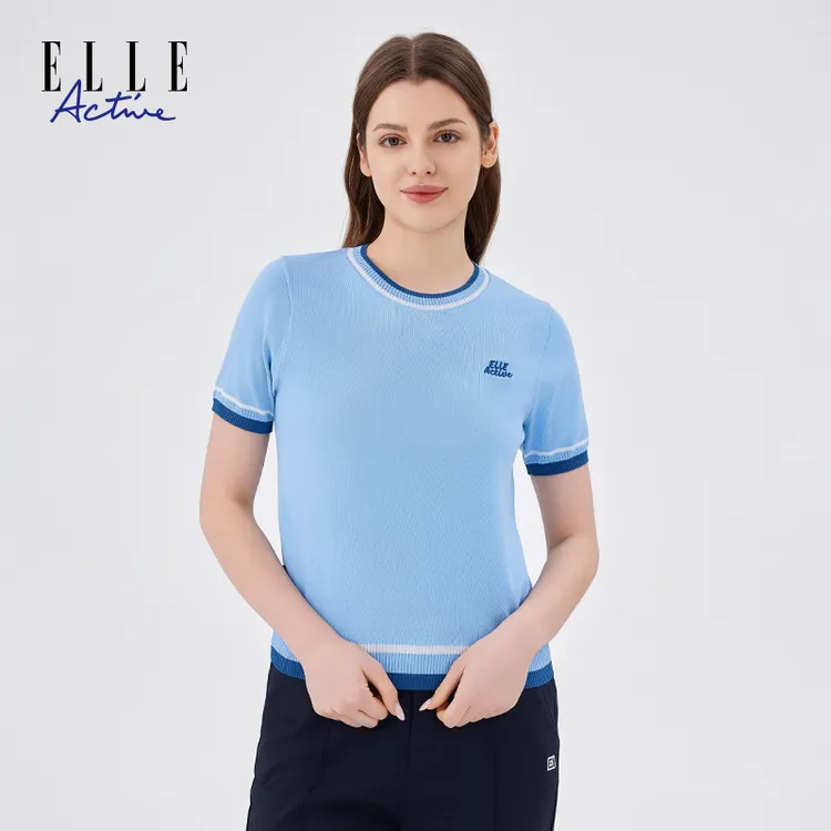 ELLE Active2025夏季短袖撞色针织衫透气时尚圆领上衣休闲T恤女装
