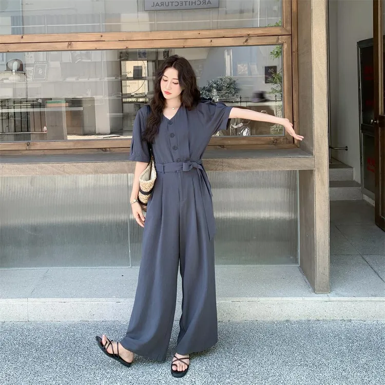 轻熟风灰色连体裤女夏2025新款爆款御姐网红阔腿裤连衣裤套装炸街