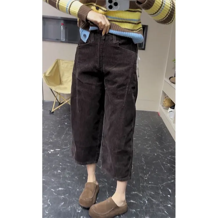 萱贝纯高腰百搭休闲直筒裤女2025秋冬新款洋气加厚条绒阔腿奶奶裤