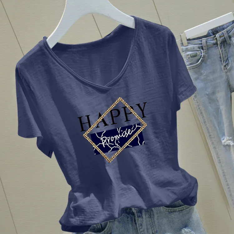 竹节棉卷边V领宽松短袖t恤女士夏季纯棉印花时尚洋气气质显瘦女装