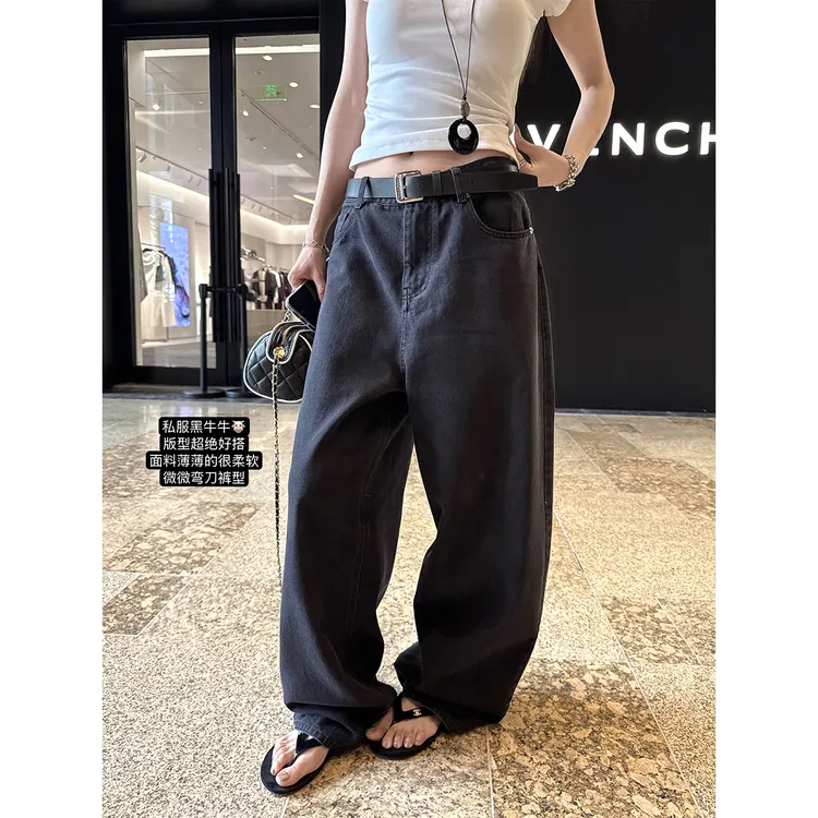 林木木家 店主私服薄款水洗黑柔软显瘦松弛弯刀牛仔裤长裤女夏