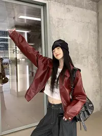 美式复古红色翻领皮衣外套女高级感秋冬新款甜酷宽松短款夹克上衣