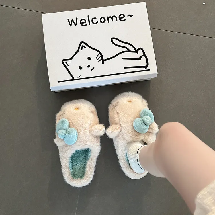 可爱卡通俏皮甜美水豚蝴蝶结包头拖鞋女2025冬季新款棉拖鞋半拖鞋