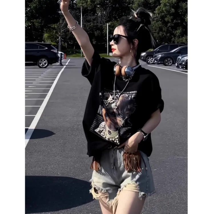 黑色短袖t恤女2025新款夏宽松韩版慵懒风高级感中长款遮屁股上衣