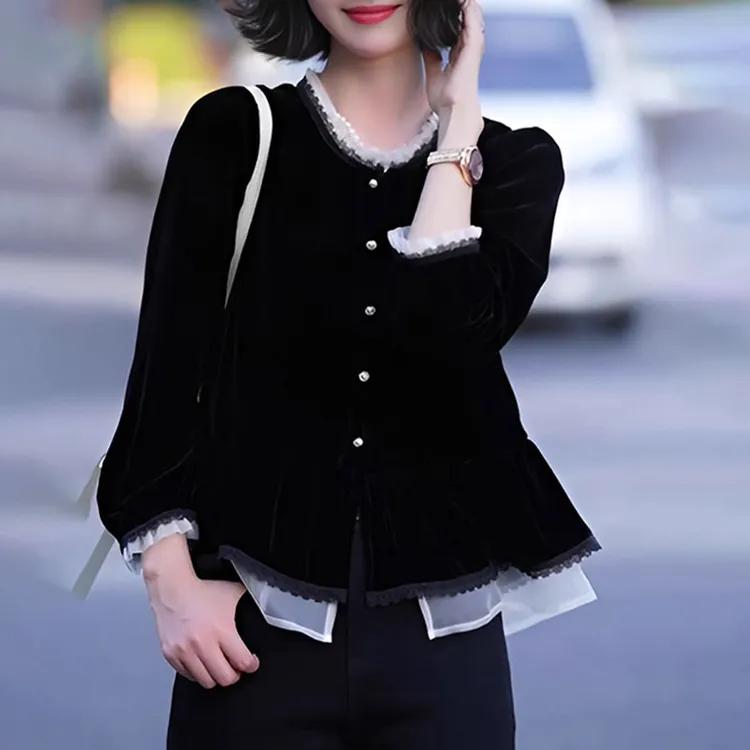 假两件丝绒衬衫女士2025早秋新款时尚显瘦洋气减龄打底衫气质上衣