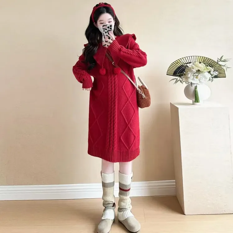 孕妇装女款针织连衣裙圣诞红色2025秋冬新款网红大码中长款打底裙