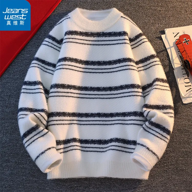 Jeanswest/真维斯秋冬季圆领毛衣男士青少年学生水貂绒针织衫