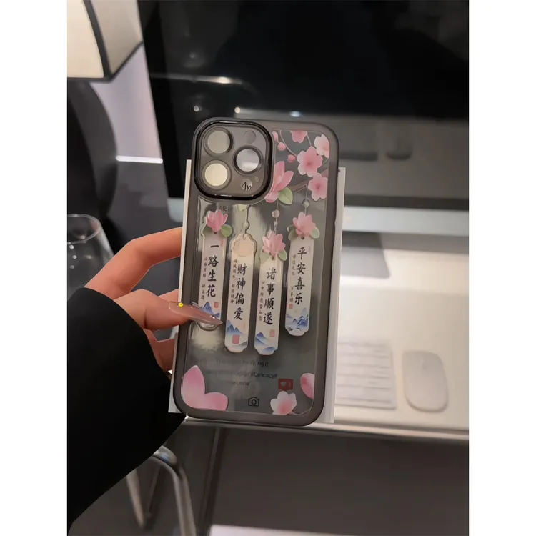 荷花祈愿符适用苹果16pro手机壳iPhone15金属镜框华为p小众小米15