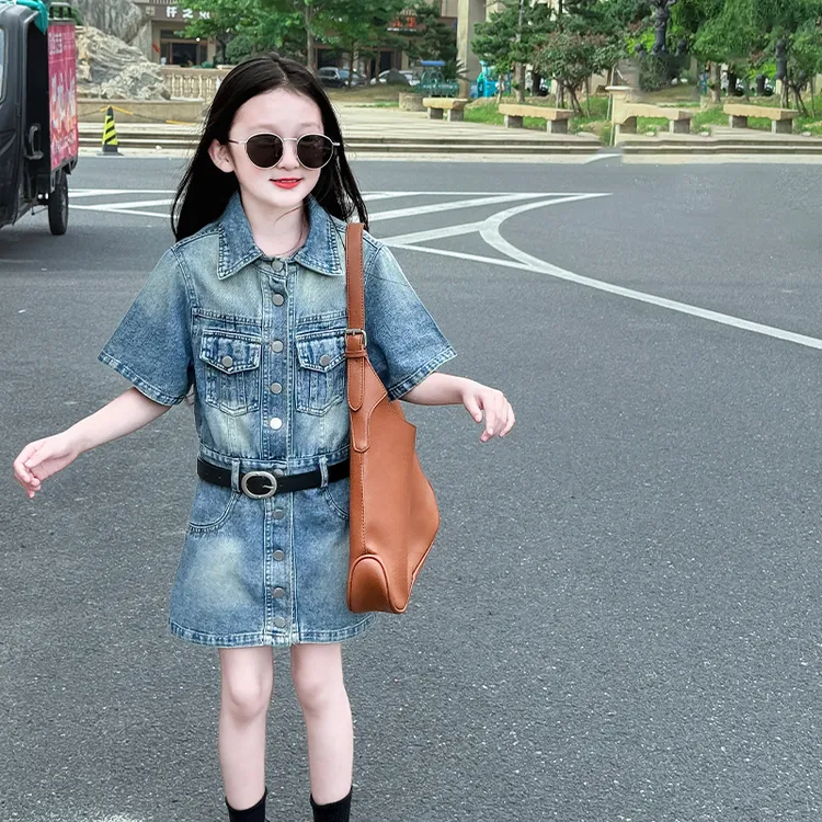 女童2025夏季新款韩版炸街气质女童港风穿搭复古牛仔工装连衣裙潮