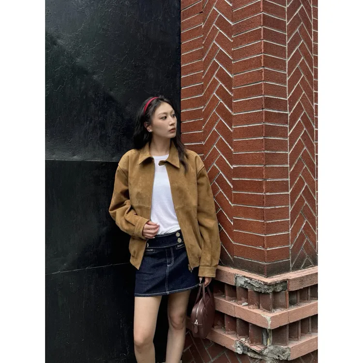韩版翻领鹿皮绒外套女早秋气质时尚高级感独特复古休闲夹克开衫潮