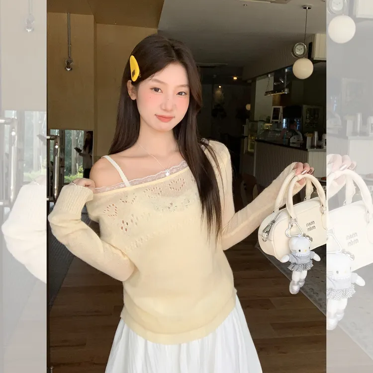 【现货】韩系温柔风镂空长袖针织衫女纯欲露肩上衣微透蕾丝镂空罩衫