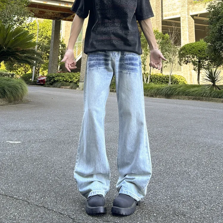 vintage水洗蓝色闪电纹牛仔裤子男款春秋美式vibe痞帅炸街弯刀裤