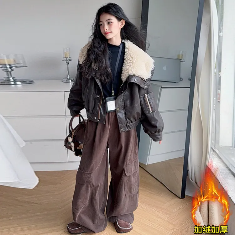 【酷哒仔】女童加绒加厚潮酷范大翻领皮衣外套2025秋冬装中大童学生