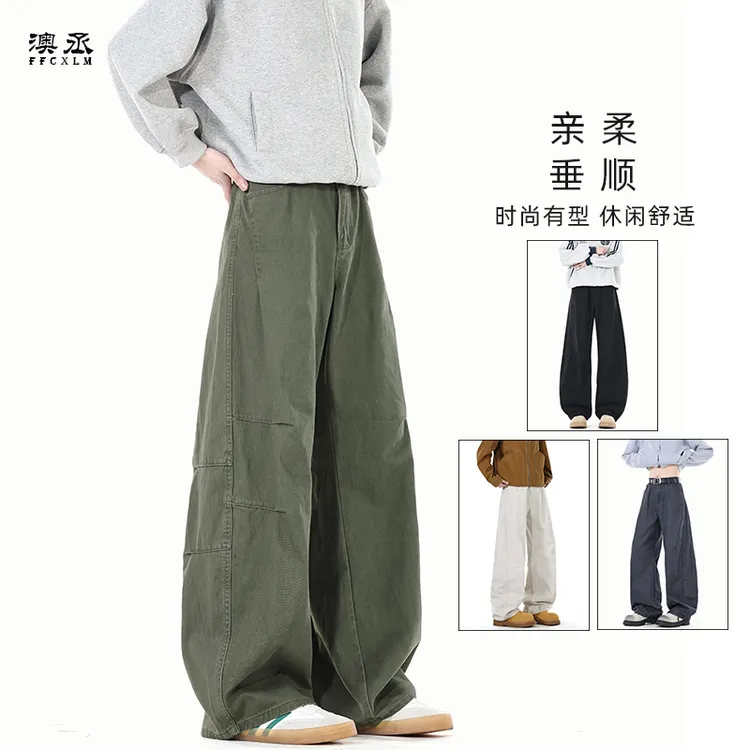 秋冬新款美式水洗绵弯刀工装裤男街头潮牌宽松阔腿百搭休闲长裤