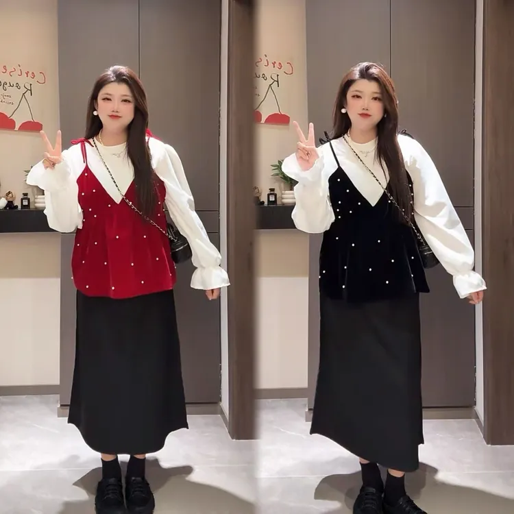 新款大码氛围感红色吊带叠穿遮肉长袖衬衫高级显瘦半身裙新年套装