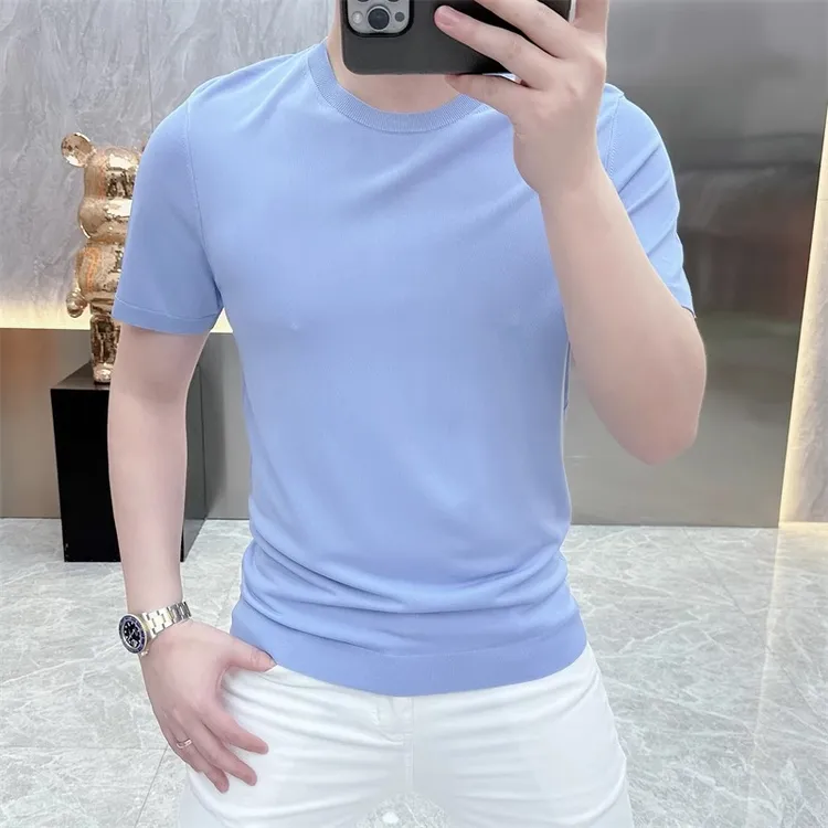 欧货轻奢高品质短袖T恤男针织冰丝时尚休闲百搭半袖纯色上衣潮248