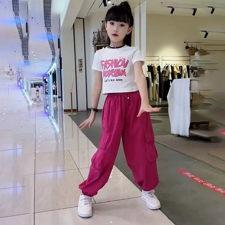 女童夏季工装裤短袖套装2025新款6-12岁15岁中大童网红潮流两件套