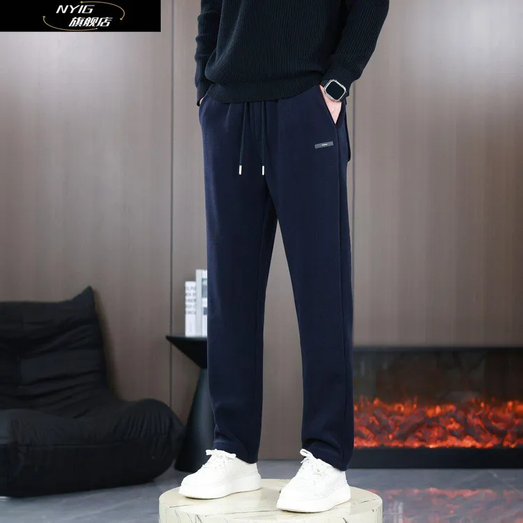 NYIG秋冬季加绒休闲裤百搭直筒男裤大码宽松平脚长裤火山绒运动裤
